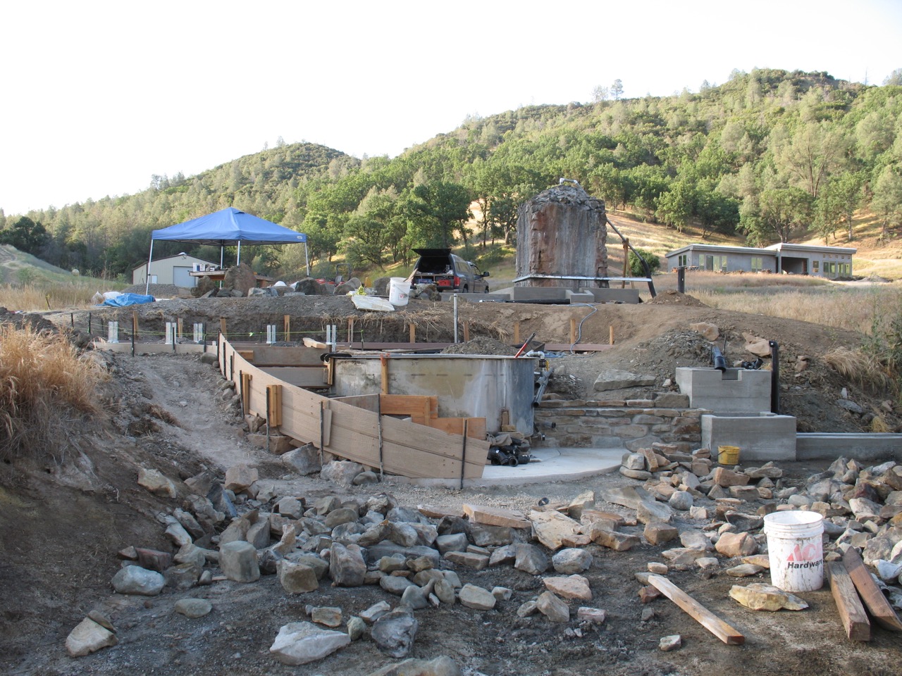 Working on masonry retaining wall